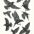 Starlings four-colour A2 linocut screen-print
