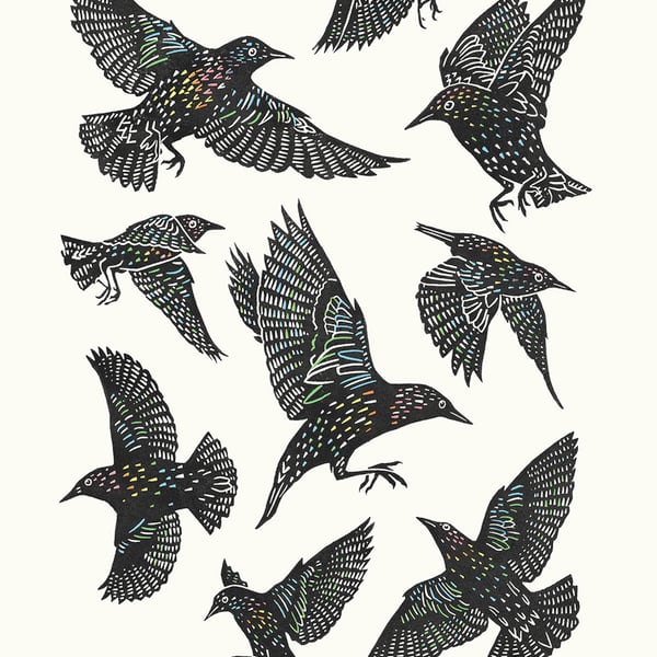 Starlings four-colour A2 linocut screen-print