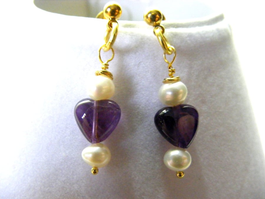 Amethyst Hearts and Freshwater Pearl Stud Earrings