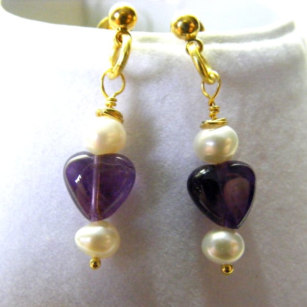 Amethyst Hearts and Freshwater Pearl Stud Earrings