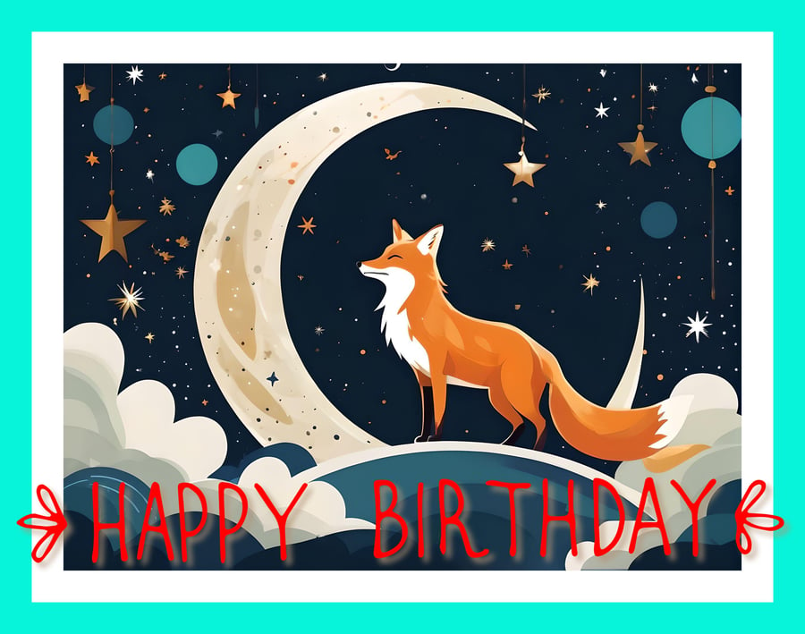Fox Under Moon Dreaming Happy Birthday Greeting Card 