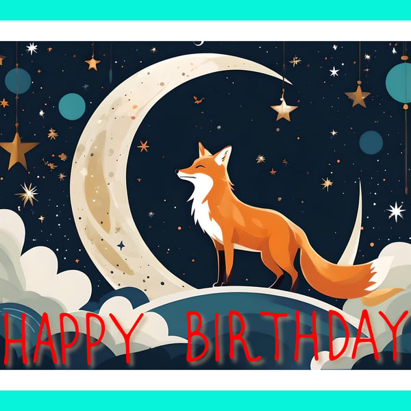 Fox Under Moon Dreaming Happy Birthday Greeting Card 