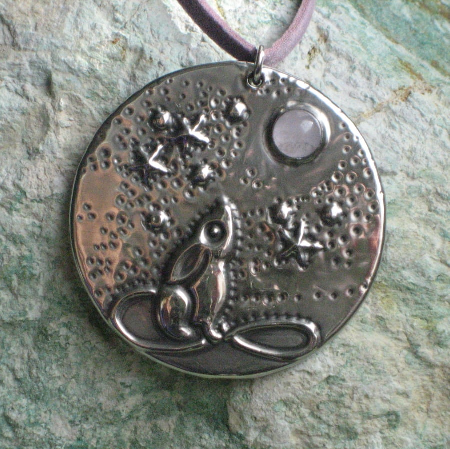  Hare and Moon Necklace in Silver Pewter