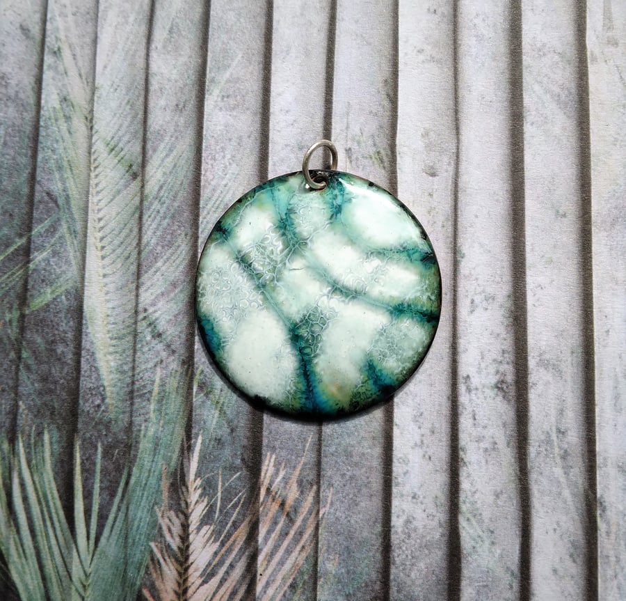 Enamelled copper green and white pendant 185