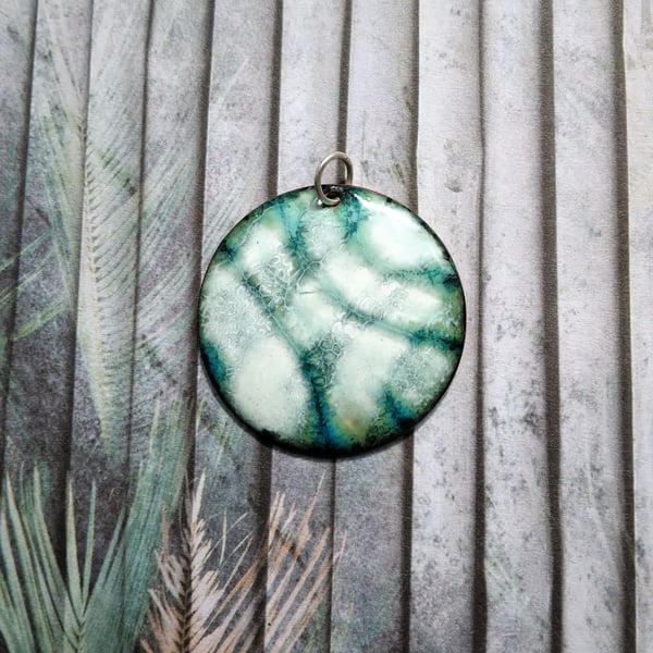 Enamelled copper green and white pendant 185