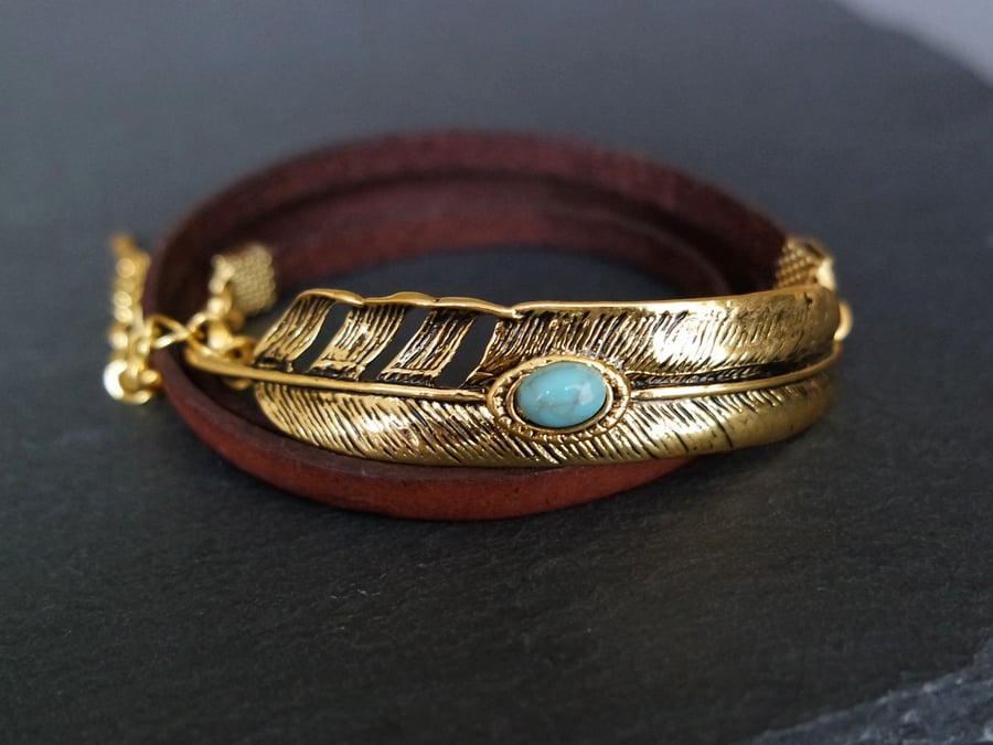 Leather wrap bracelet - golden feather and turquoise coloured stone