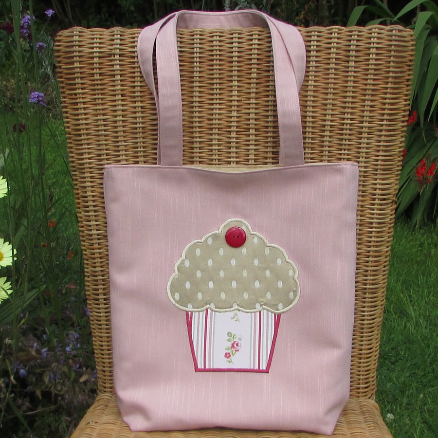 Cupcake tote bag - pale pink with gold, pink and red cupcake
