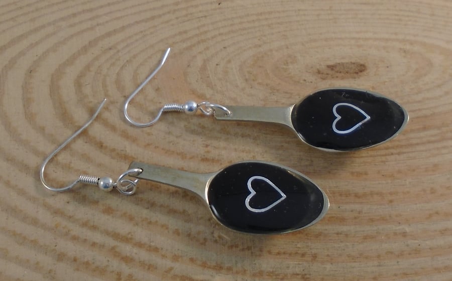 Upcycled Silver Plated Black Heart Sugar Tong Spoon Earrings SPE042016
