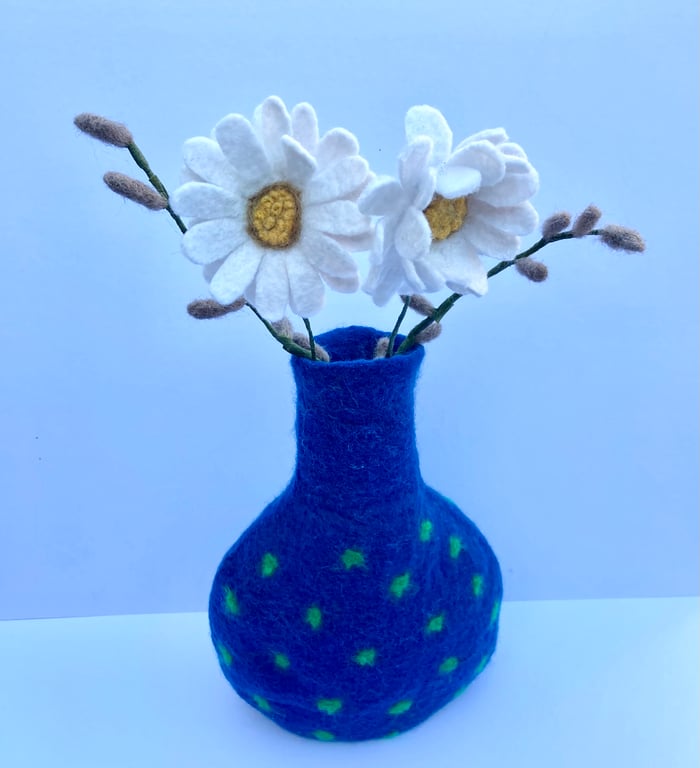 Blue with dots long necked felted vase.