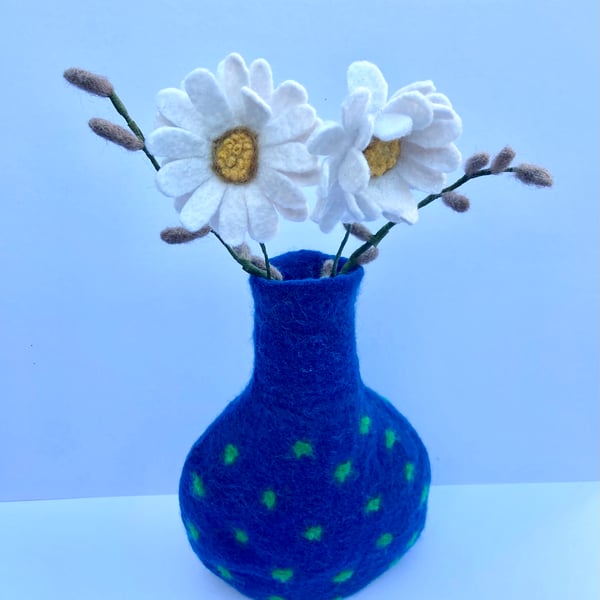 Blue with dots long necked felted vase.