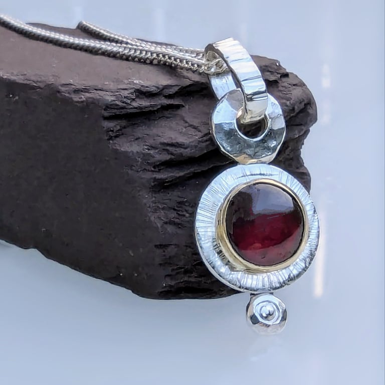 STERLING SILVER and Gold Garnet Pendant, Handmade Urban Jewellery