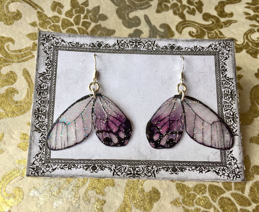 Elegant Black and Purple Opaque Sparkle Butterfly Wings Sterling Silver Earrings