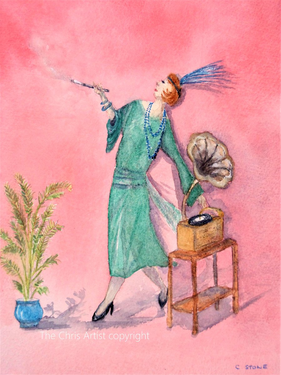 Original watercolour painting, One is Fun dancing 1920s flapper lady, gramophone