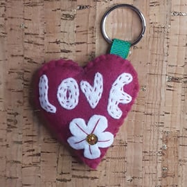 Heart, Dark Rose Pink with LOVE in White felt & White Flower Felt Keyring