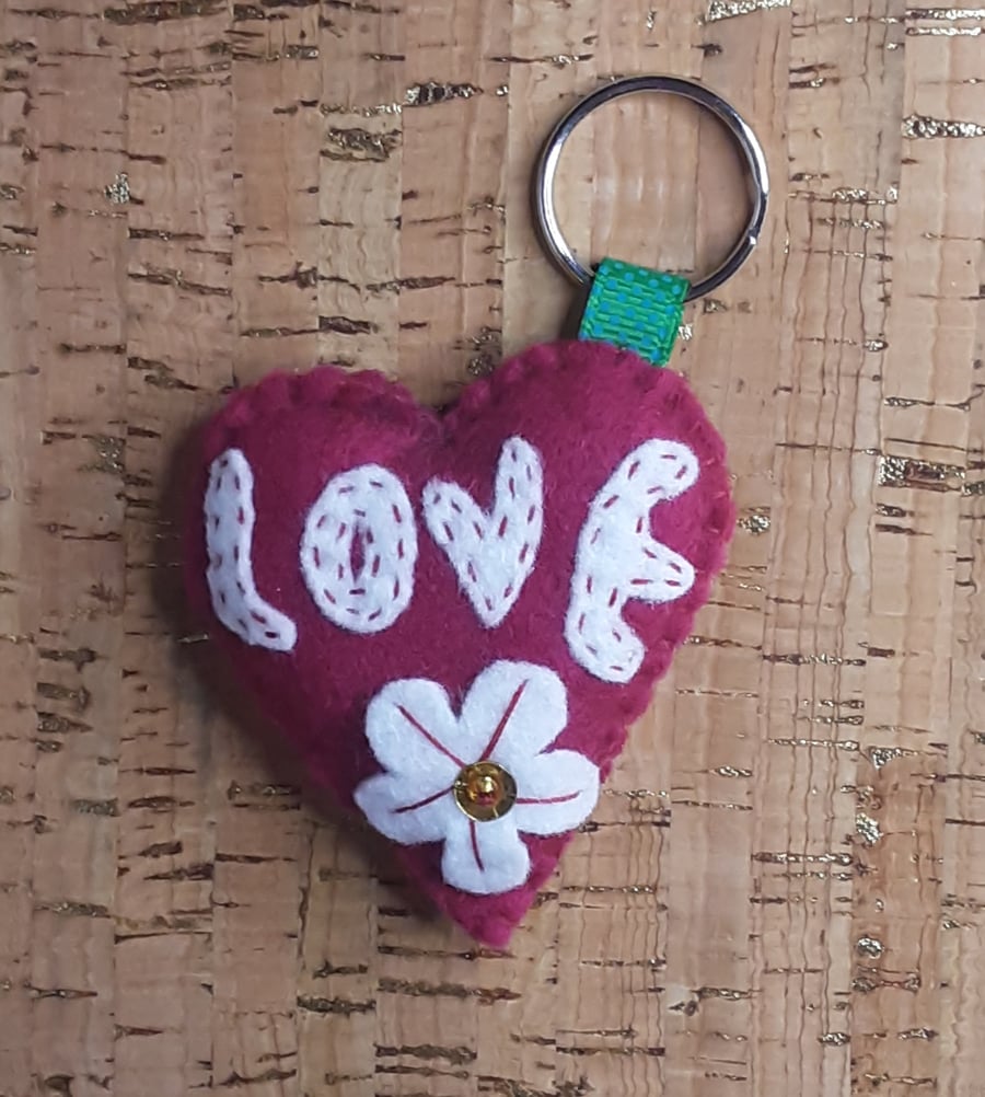 Heart, Dark Rose Pink with LOVE in White felt & White Flower Felt Keyring