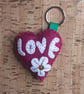 Heart, Dark Rose Pink with LOVE in White felt & White Flower Felt Keyring - Image 1