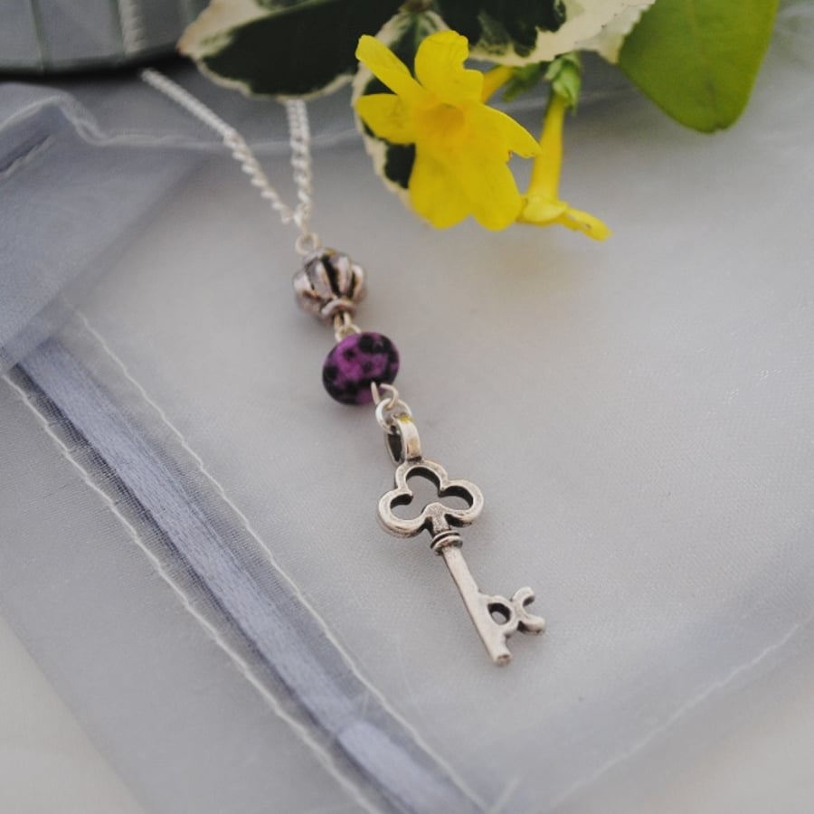 Silver key & purple jasper long necklace