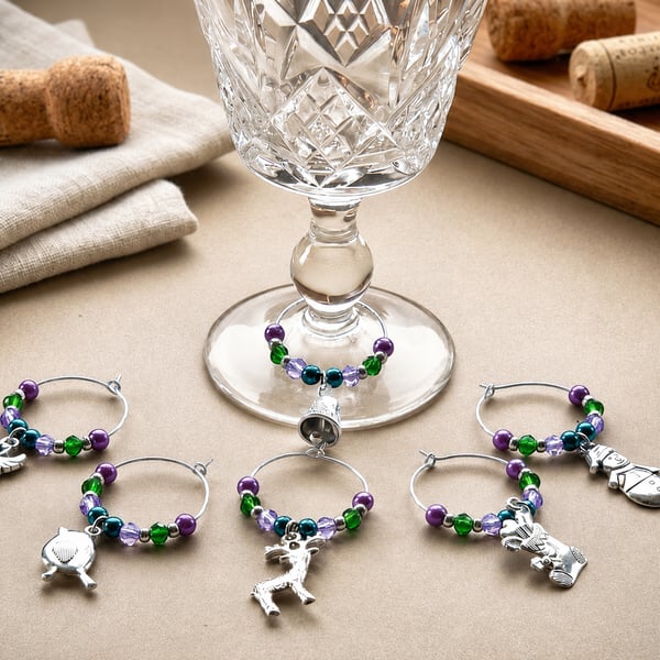 Lilac & Green Wine Glass Charms – Set of 6