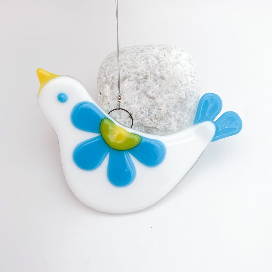 Fused Glass Turquoise Bird Hanging  - Handmade Glass Decoration