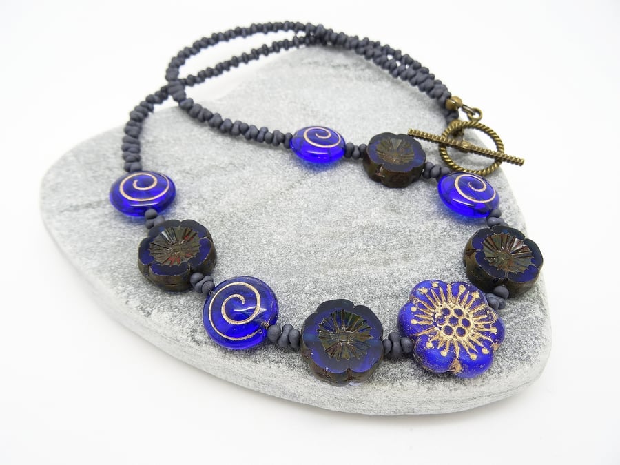 Flower Necklace, Cobalt Blue Necklace, Anemone Necklace, Czech Glass Necklace, 