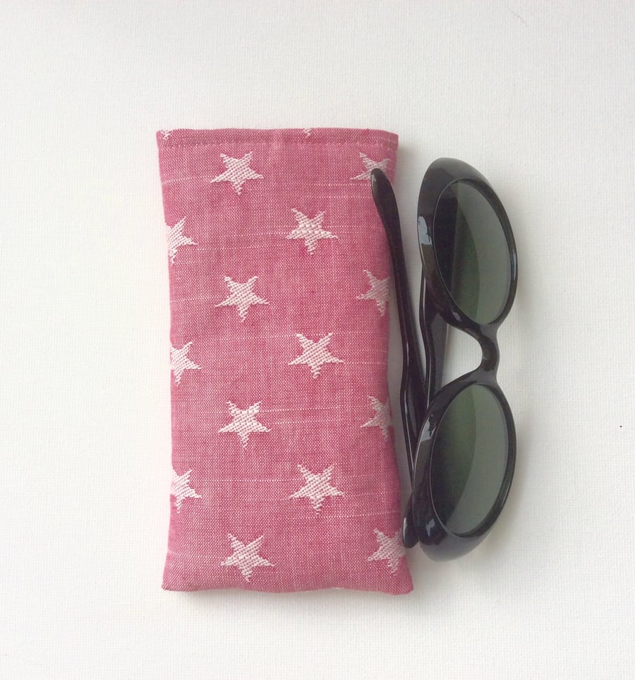 Sunglasses, glasses case, white stars on pink denim