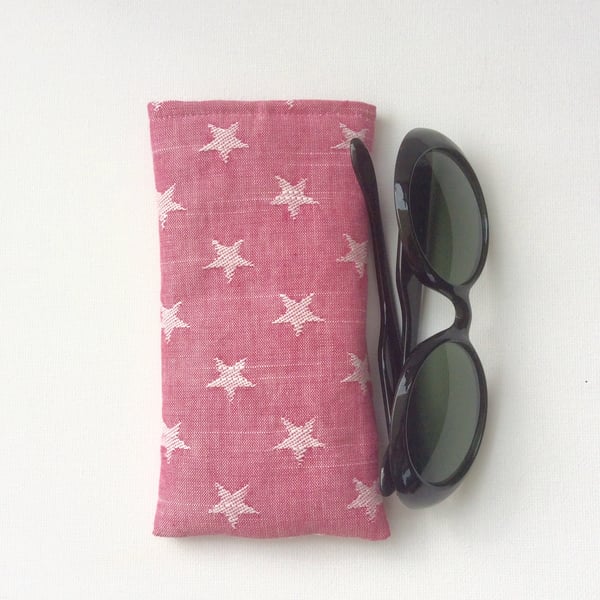 Sunglasses, glasses case, white stars on pink denim