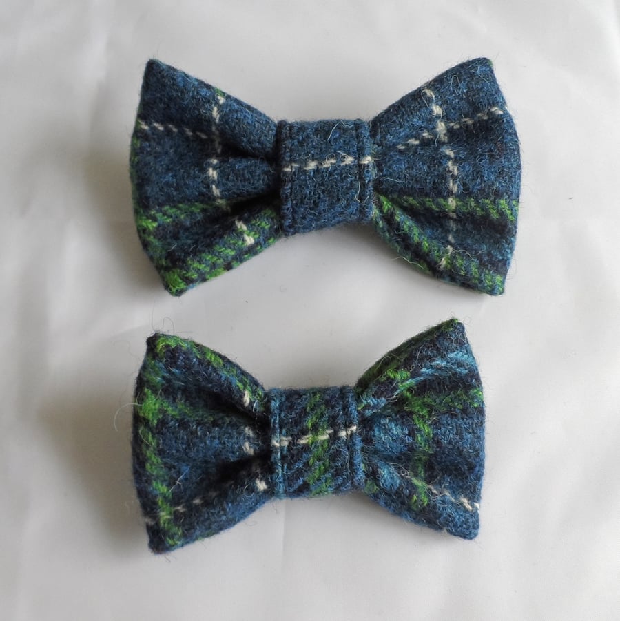 Handmade Harris Tweed Dog Bow - Navy-Green Tartan 