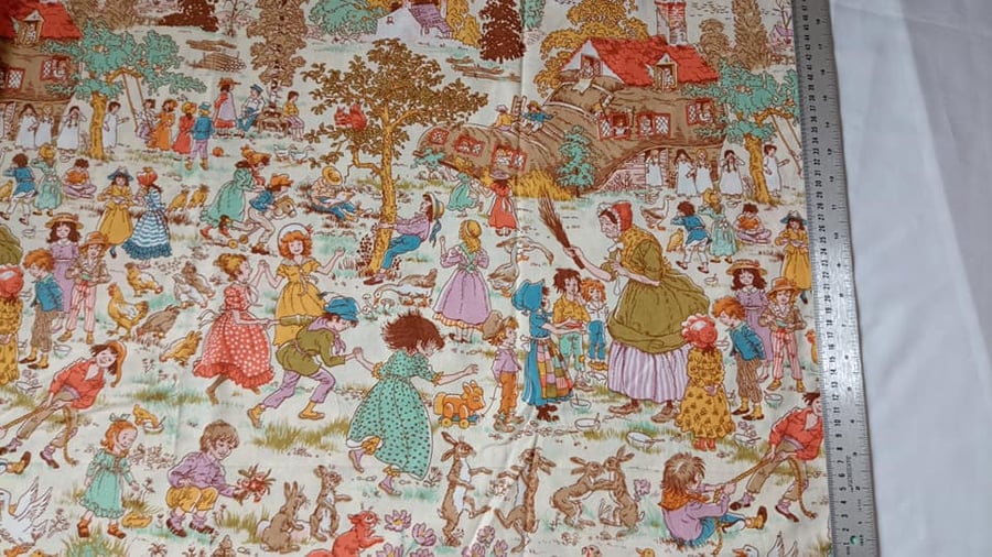 Vintage Nursery rhyme fabric remnant - Old woman who lived in a shoe
