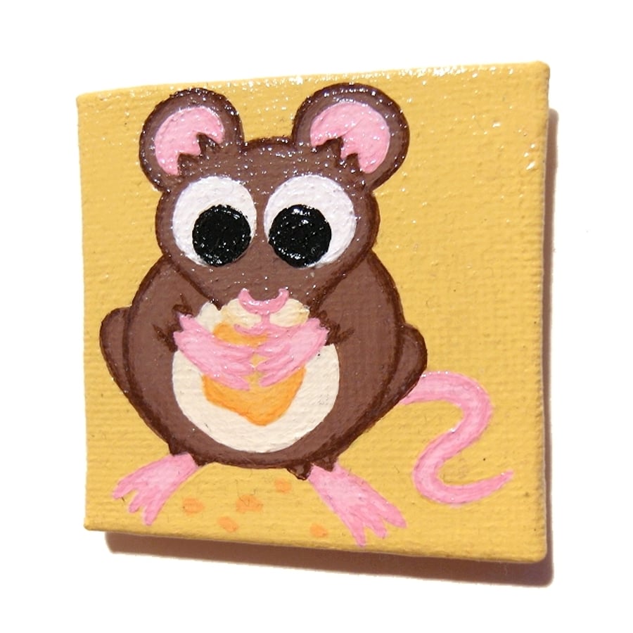 Hungry Mouse Magnet - original art of cute brown mouse eating cheese