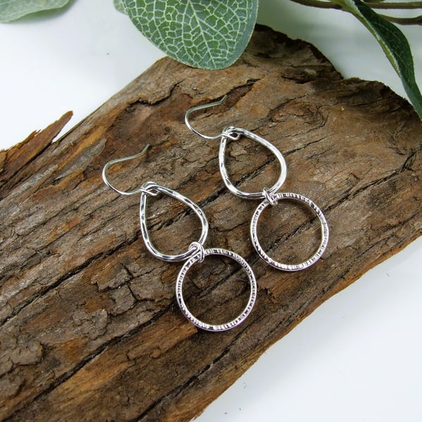 Earrings, Sterling Silver Teardrop and Circle Droppers