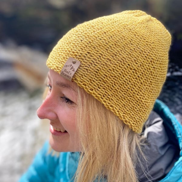 Skullcap style beanie hat in Dijon Mustard Yellow wool (unisex)