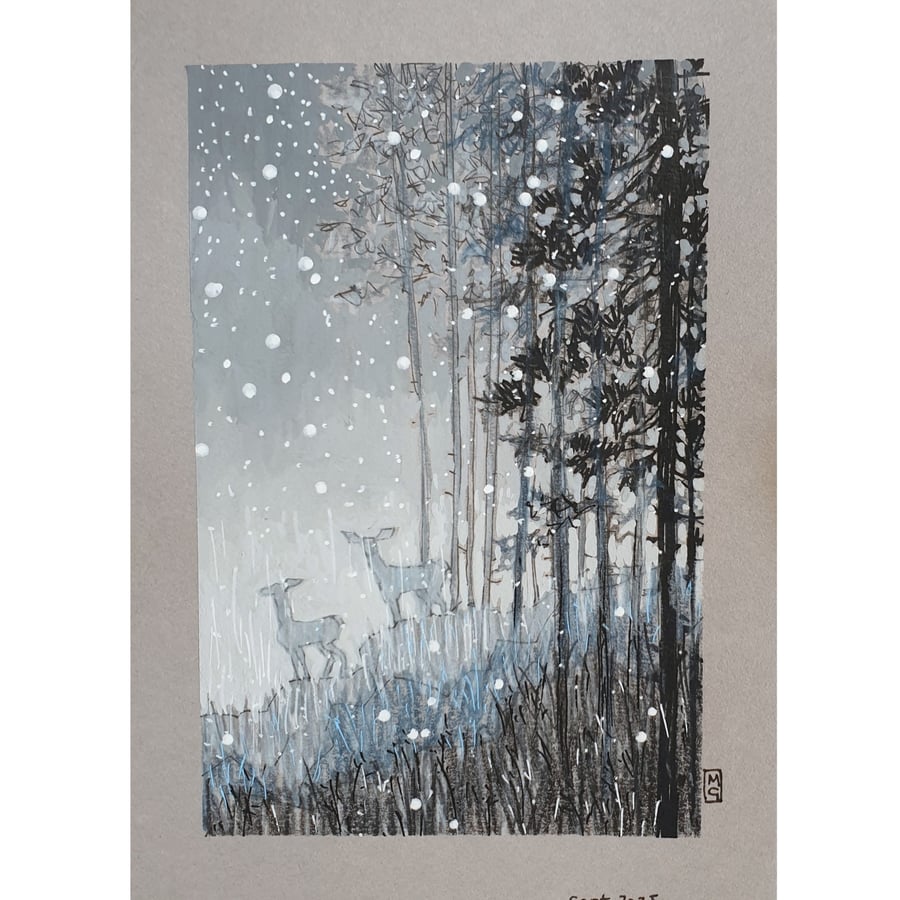 Deer at the edge of the forest, winter scene artwork, small wall art, drawing
