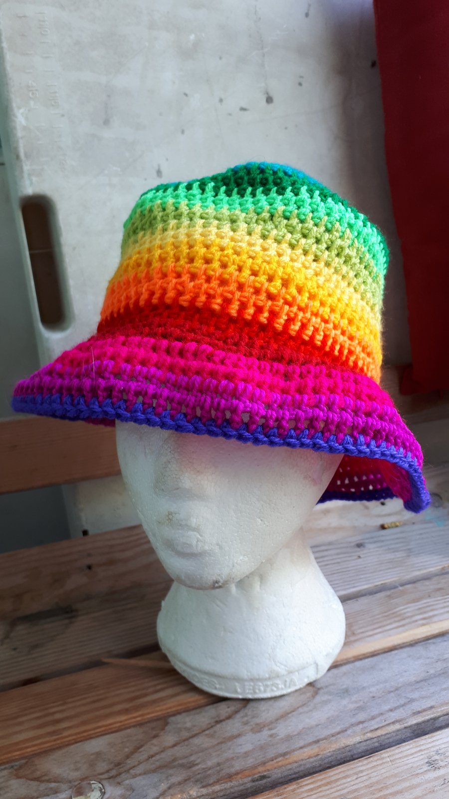 Hand crocheted Rainbow stripe brimmed Bucket Hat 