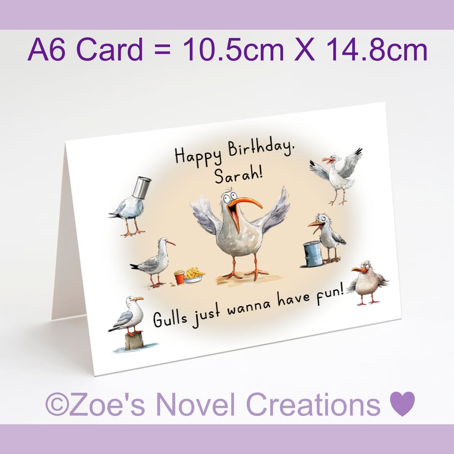 Seagull Birthday Card, personalised - A6 size 10.5cm X 14.8cm