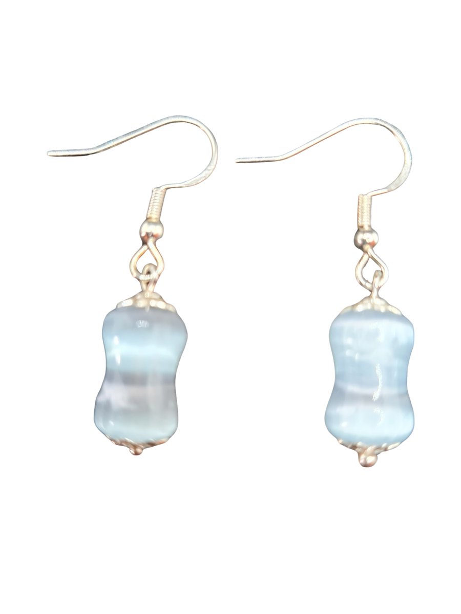 Handmade Blue Bamboo Selenite Earrings - 925 Sterling Silver Hooks