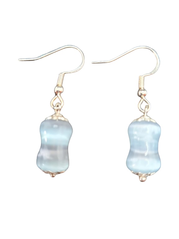 Handmade Blue Bamboo Selenite Earrings - 925 Sterling Silver Hooks