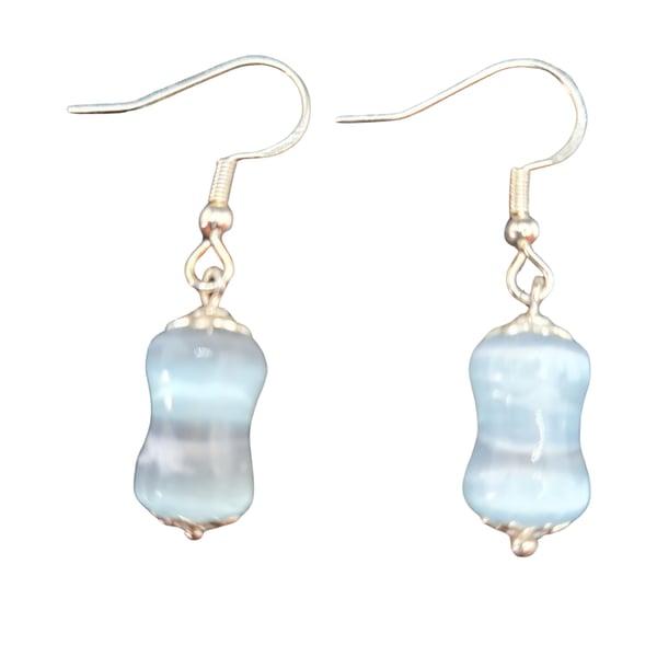 Handmade Blue Bamboo Selenite Earrings - 925 Sterling Silver Hooks
