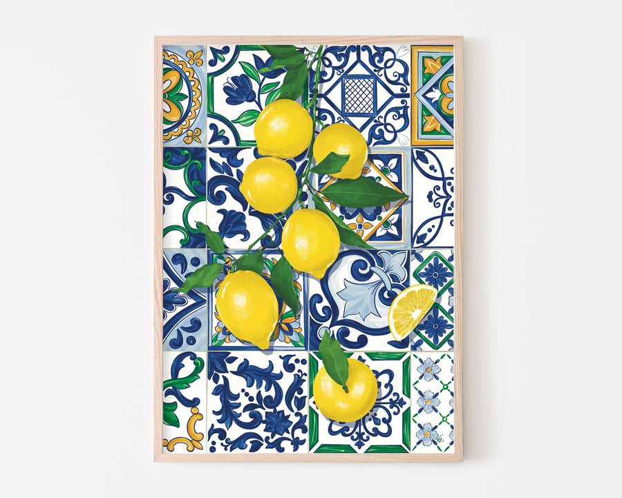 Lemons and Tiles Art Print, Italian Food Poster, Citrus Wall Art