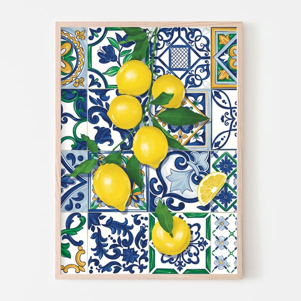 Lemons and Tiles Art Print, Italian Food Poster, Citrus Wall Art