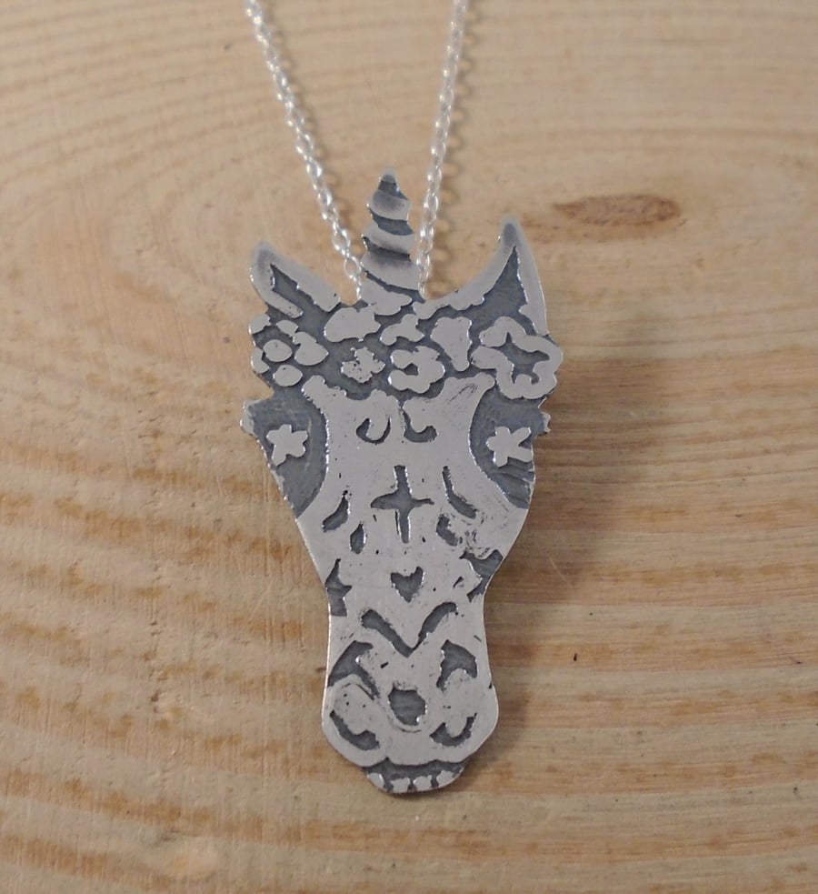 Sterling Silver Etched Sugar Skull Unicorn Necklace