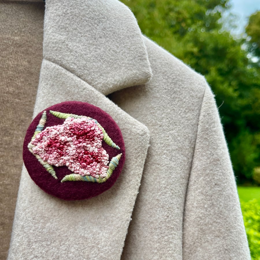 Maroon hand embroidered floral brooch, stitched flower brooch pin 