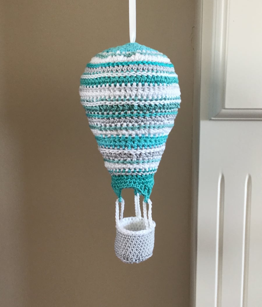 Crochet Hot Air Balloon Nursery Hanging Mobile in Mint,White and Grey