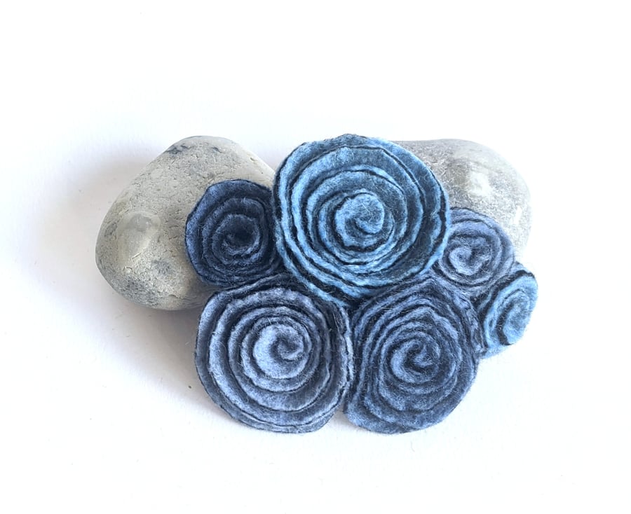 Large vintage inspired felted flowers brooch in shades of icy denim blue
