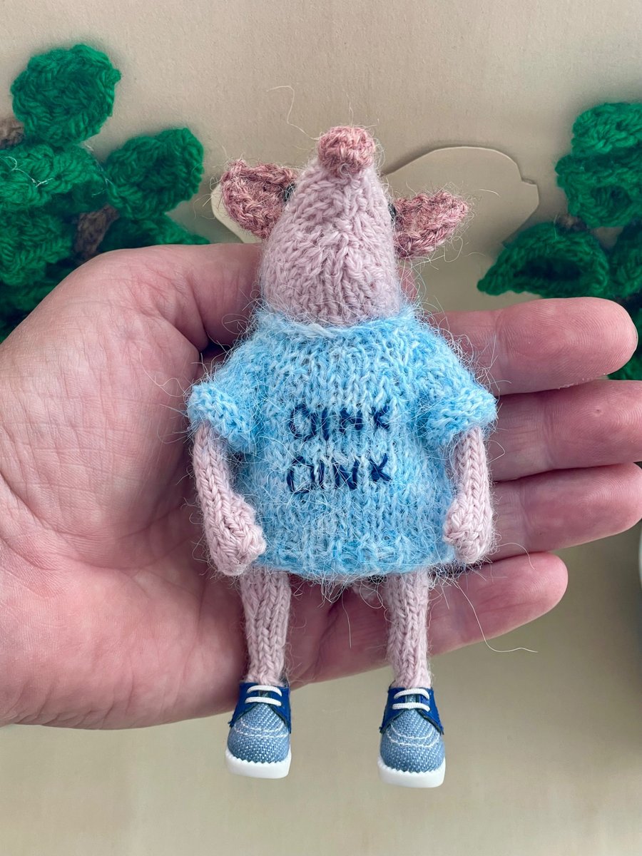 Miniature Pig Ornament, Ernie the Poseable Pink Piglet Decoration in Striped Top