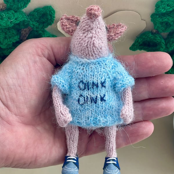 Miniature Pig Ornament, Ernie the Poseable Pink Piglet Decoration in Striped Top