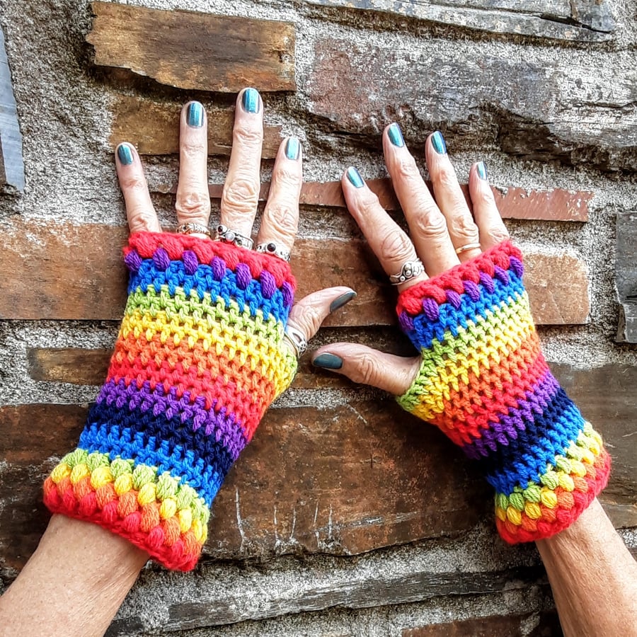 Rainbow fingerless gloves. Pride. Wrist warmers. Free UK first class postage.