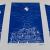 SALE Small Town, Big Sky Whitby Yorkshire Blue Lino Print 