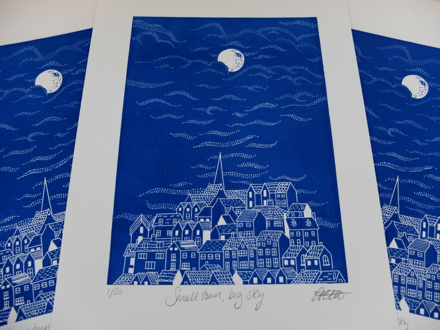 ARTIST PROOF SALE Small Town, Big Sky Whitby Yorkshire Blue Lino Print 