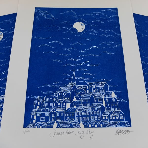 ARTIST PROOF SALE Small Town, Big Sky Whitby Yorkshire Blue Lino Print 