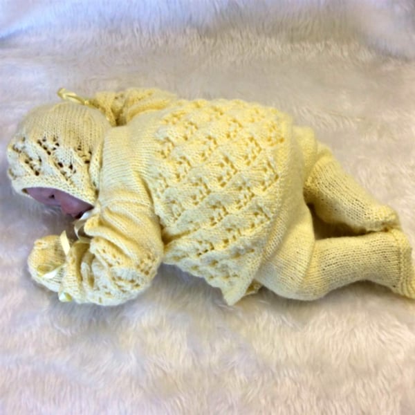 Hand-Knitted Traditional Pram Set for a Baby Girl - Lemon - 0-6 months 